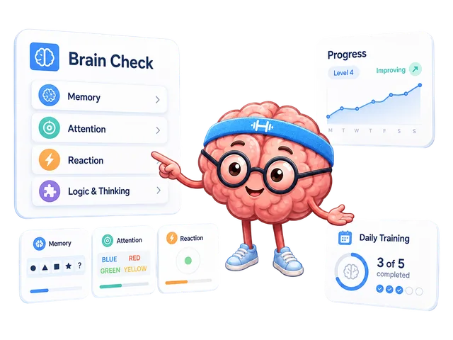 The BEAPP brain character with memory, attention, reaction, and thinking activities